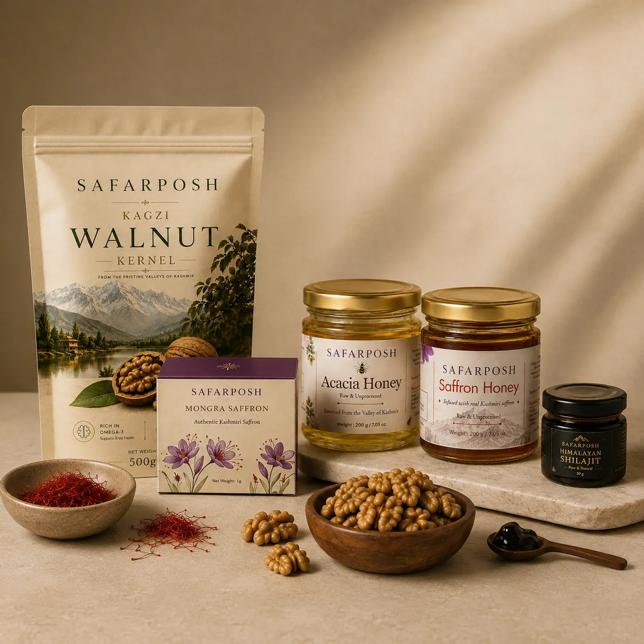 SafarPosh Kashmiri saffron, walnuts, honey and shilajit arranged on a warm ivory surface